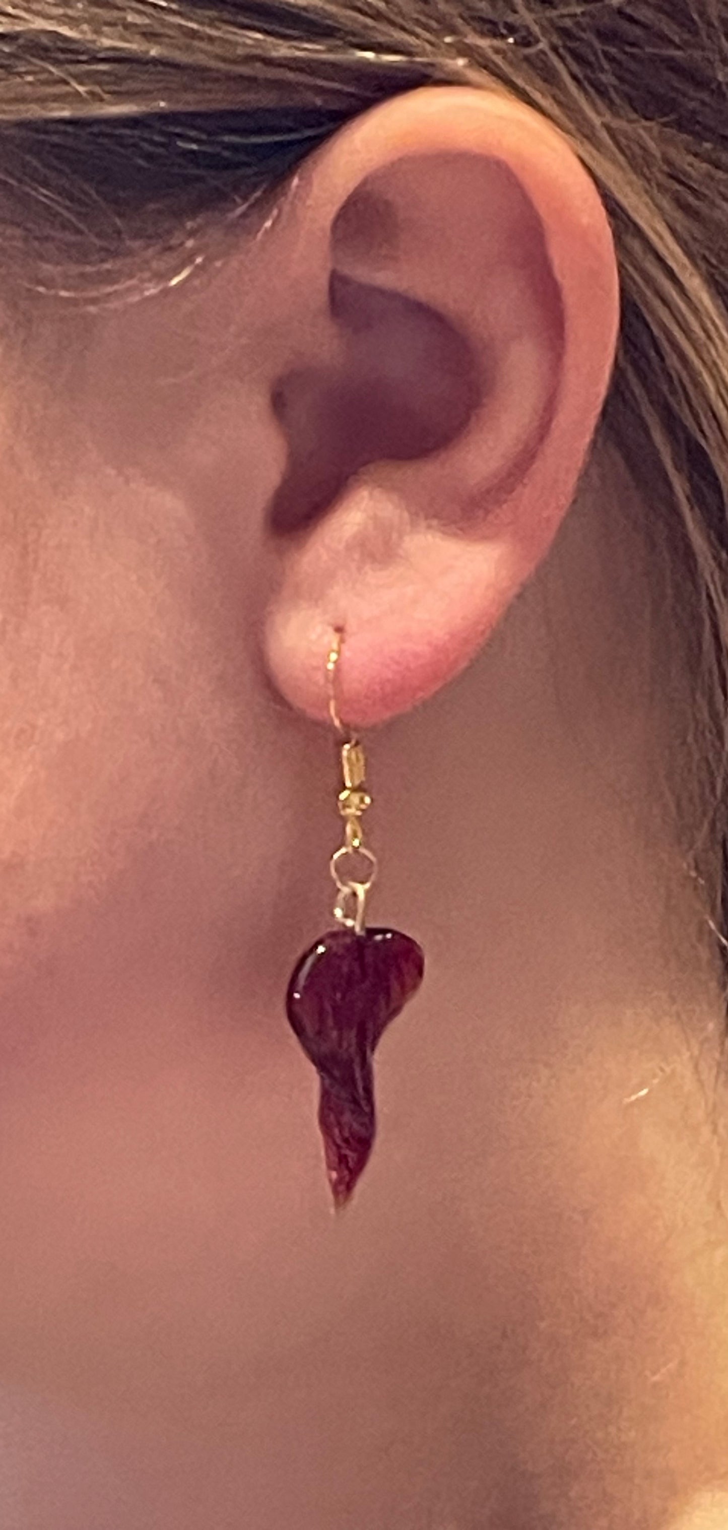 Rose red glass leaf drop earrings