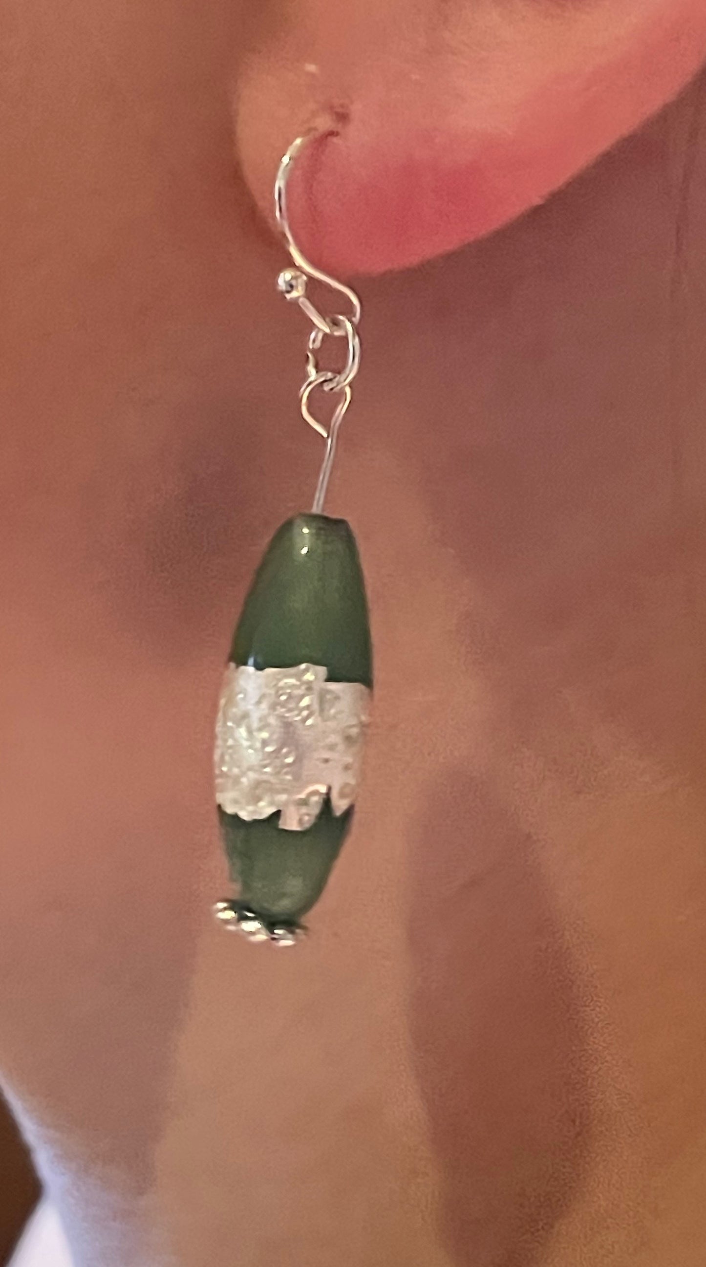 Green glass with silver detail drop earrings