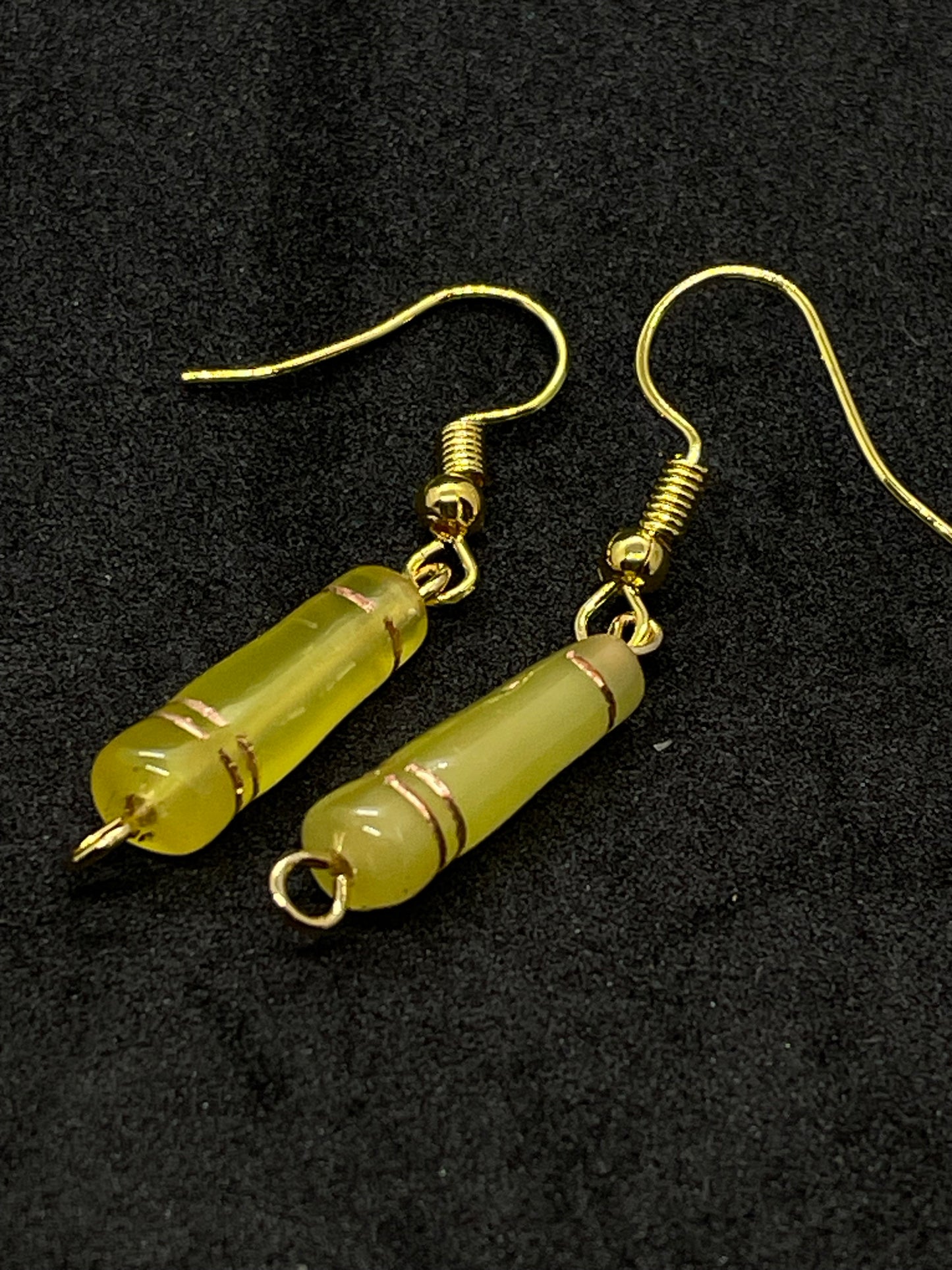 Lime green glass cylinder with gold rings, drop earrings