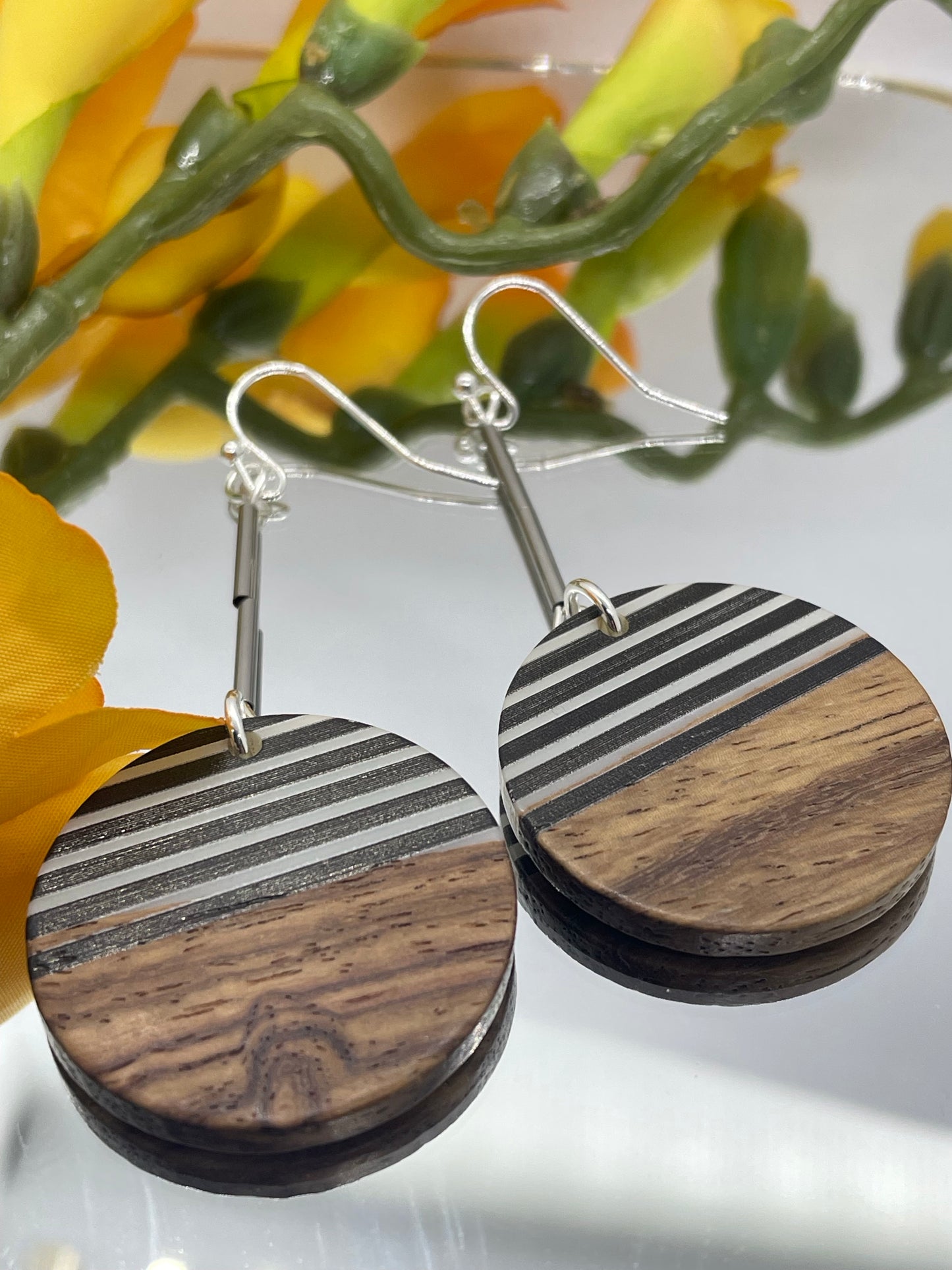 Wooden disc with black & white resin drop earrings
