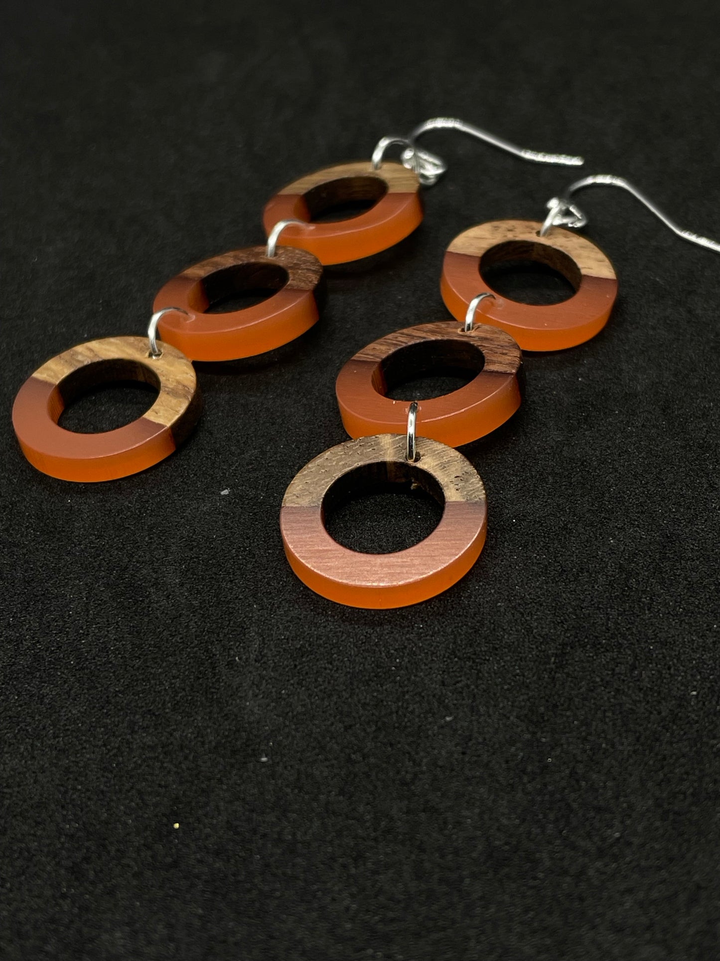 Orange resin and walnut ring drop earrings