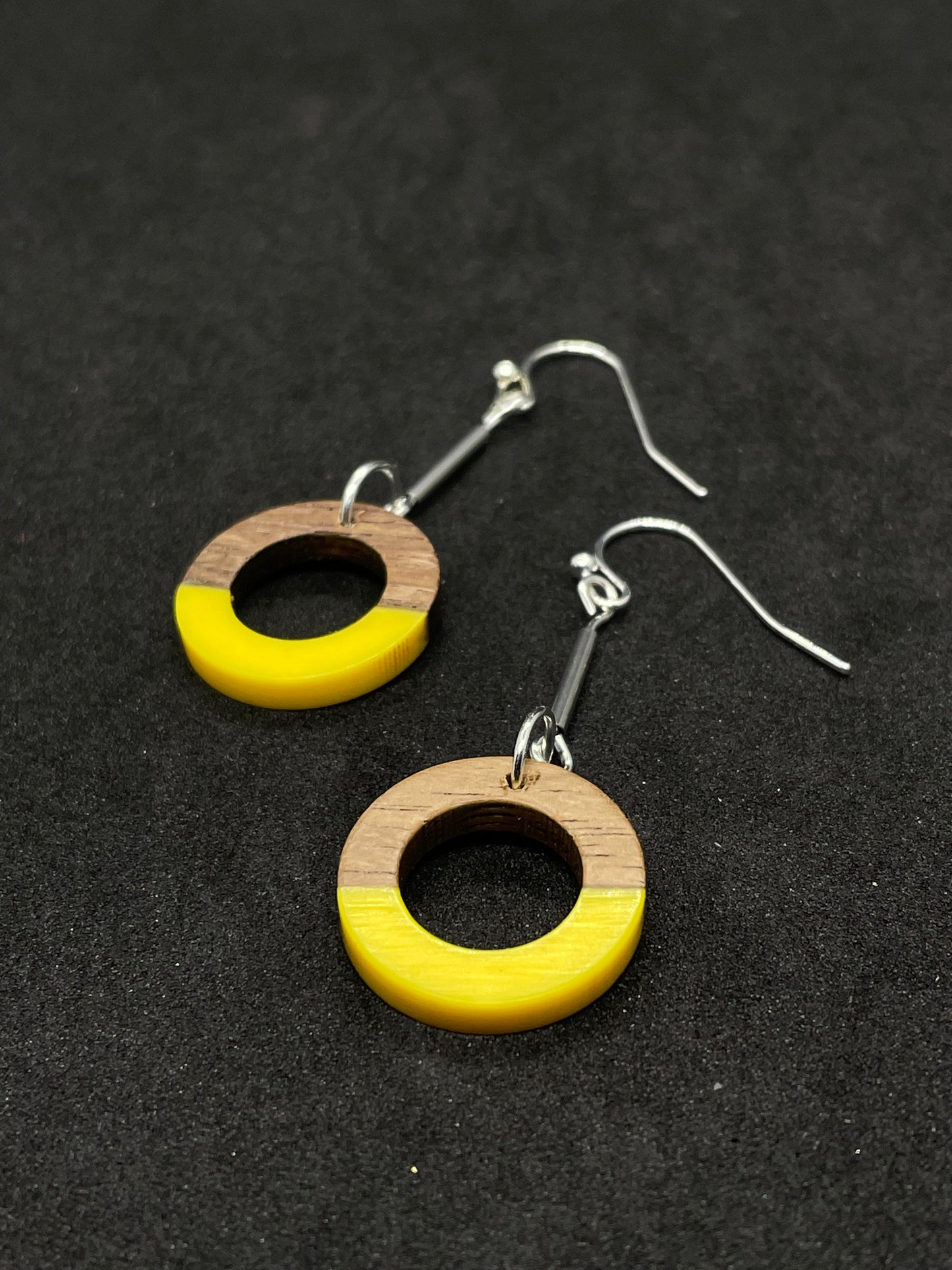 Yellow resin and walnut ring drop earrings