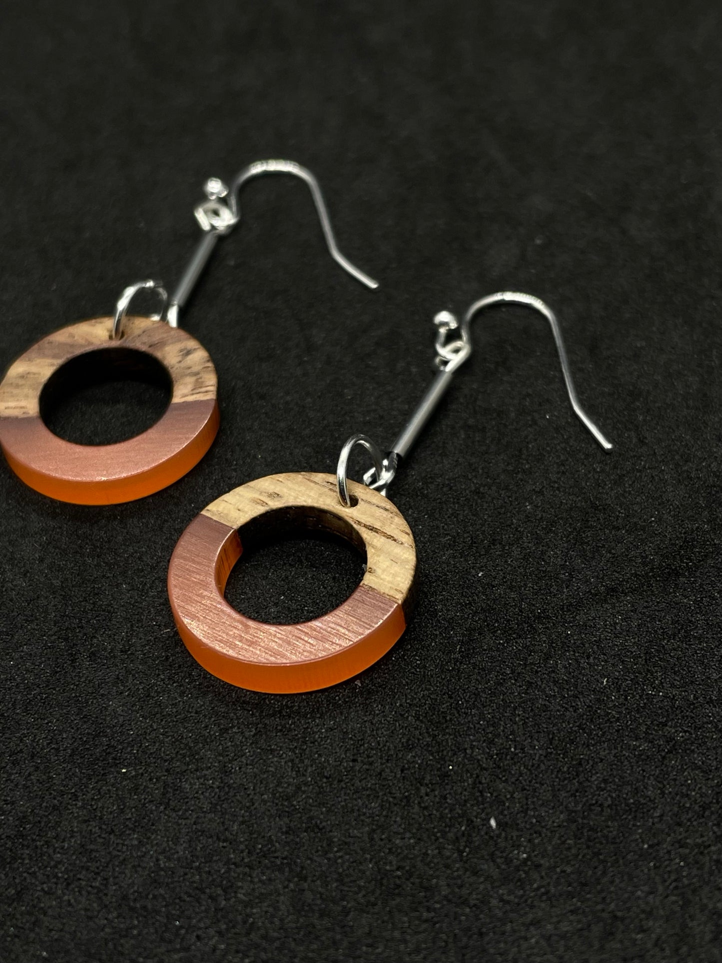 Orange resin and walnut ring drop earrings