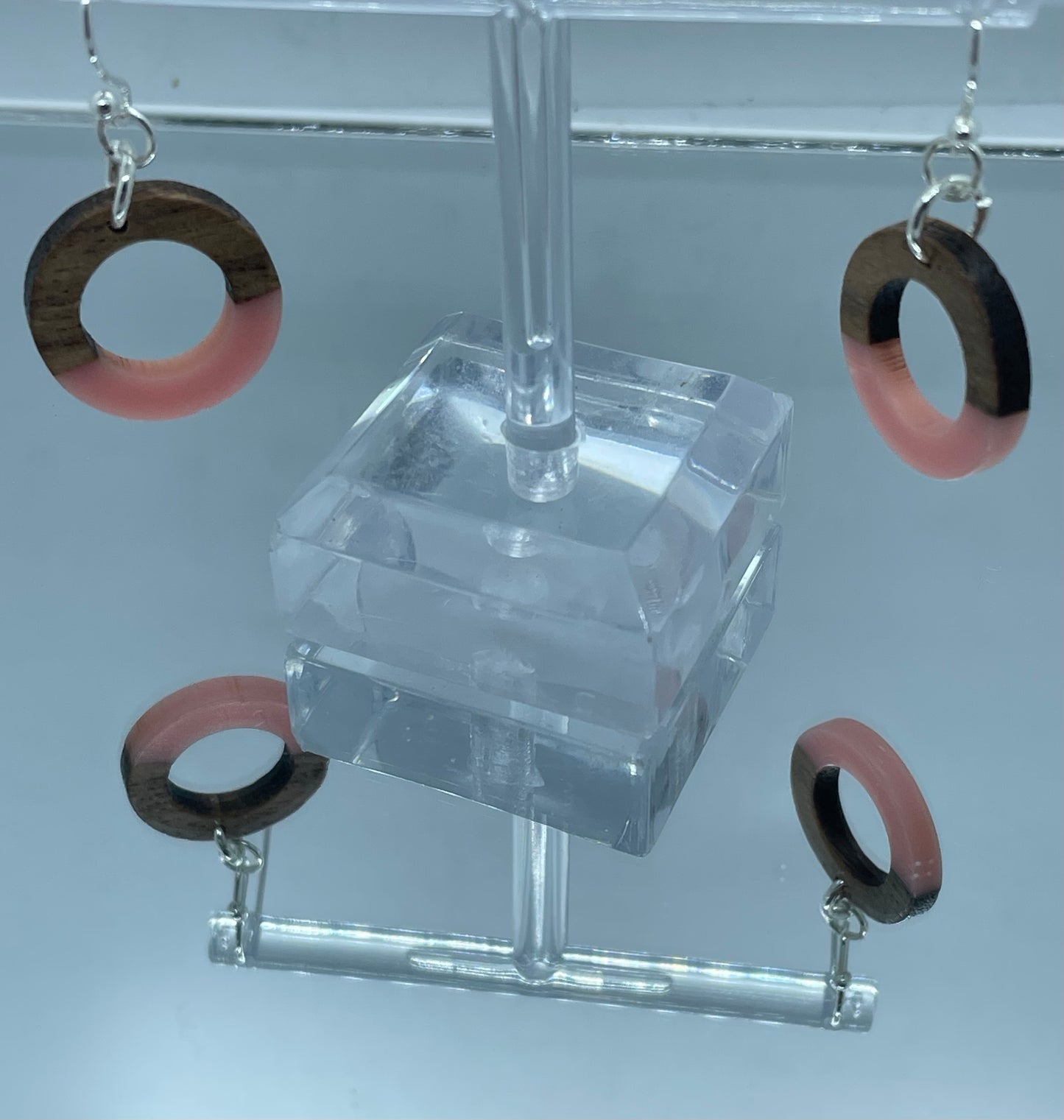 Pink resin and walnut ring drop earrings