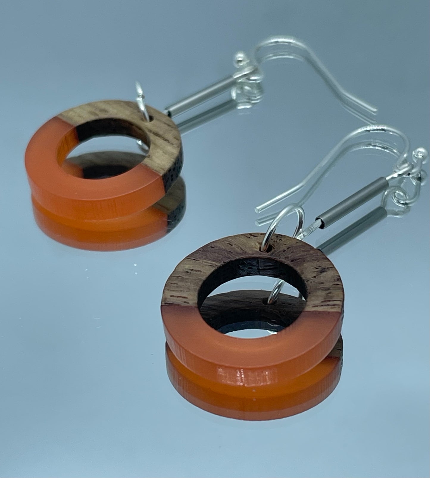 Orange resin and walnut ring drop earrings