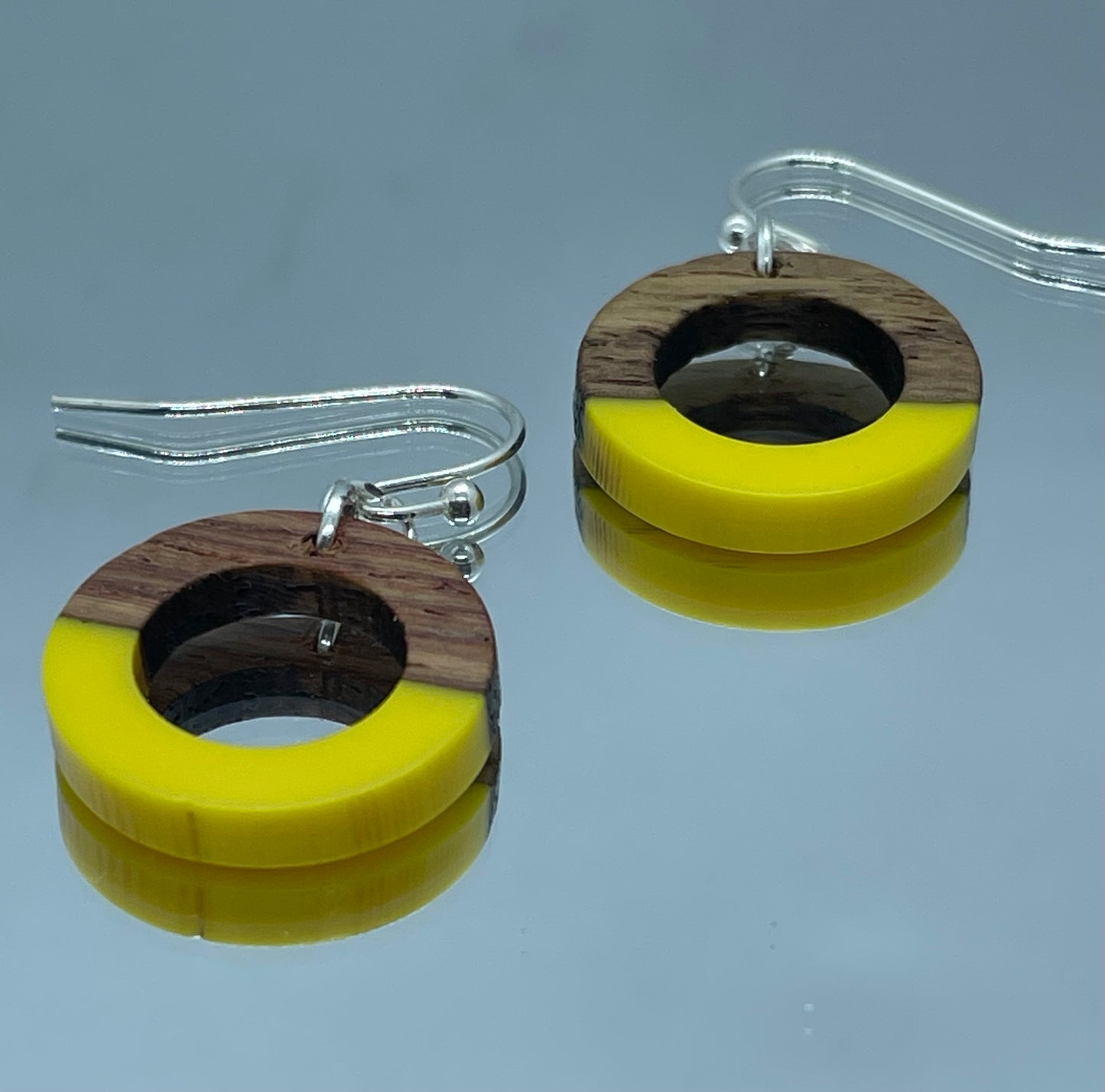 Yellow resin and walnut ring drop earrings
