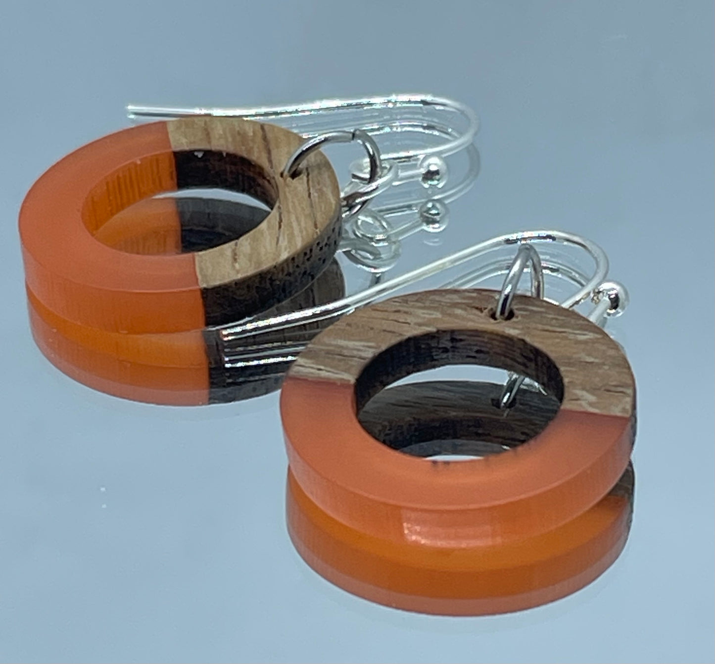 Orange resin and walnut ring drop earrings