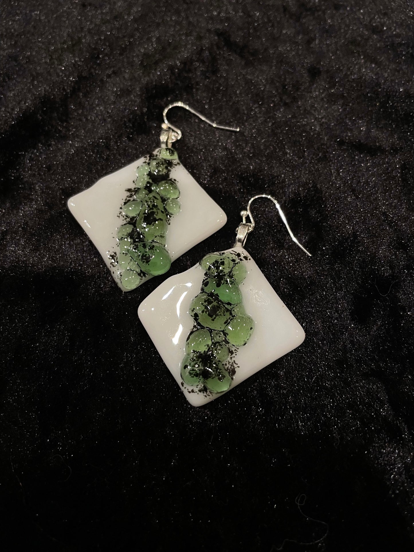 Fused white, green & black glass rhombus earrings