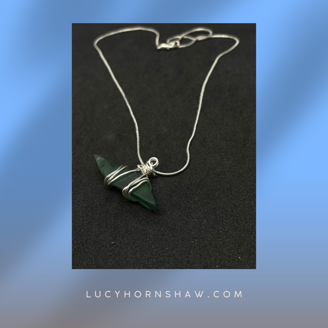 Green seaglass necklace with silver wrap