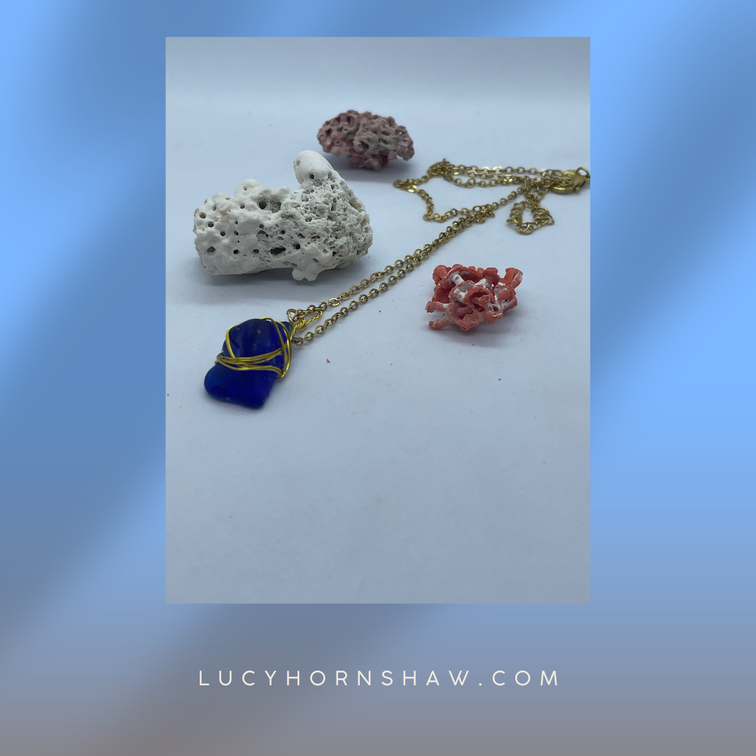Blue seaglass and gold wire necklace