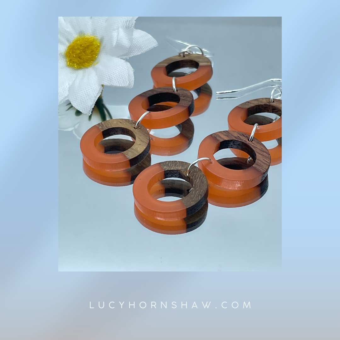 Orange resin and walnut ring drop earrings