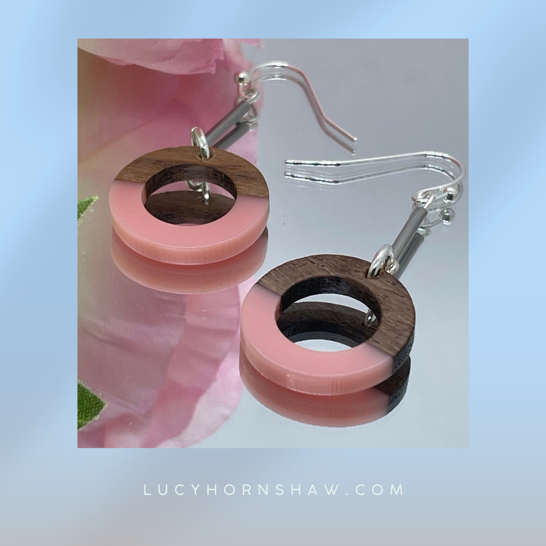 Pink resin and walnut ring drop earrings