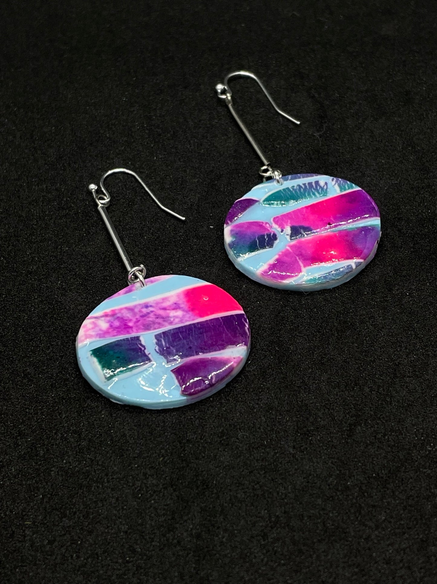 Pink & blue metallic ink disc Polymer clay earrings