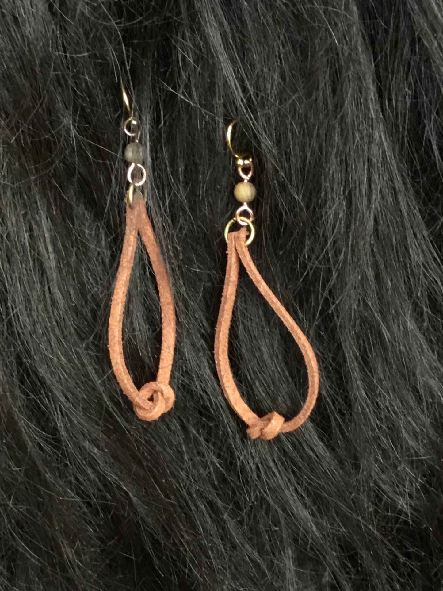 Brown leather cord knot earrings with bead