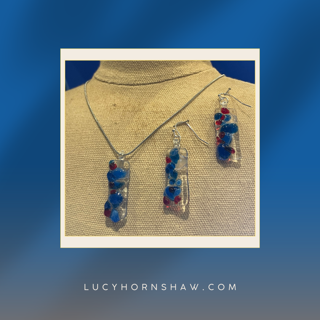 Fused clear and blue glass oblong earrings