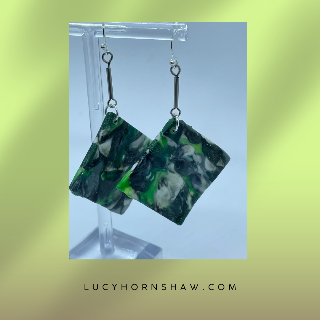 Green rhombus Polymer clay earrings