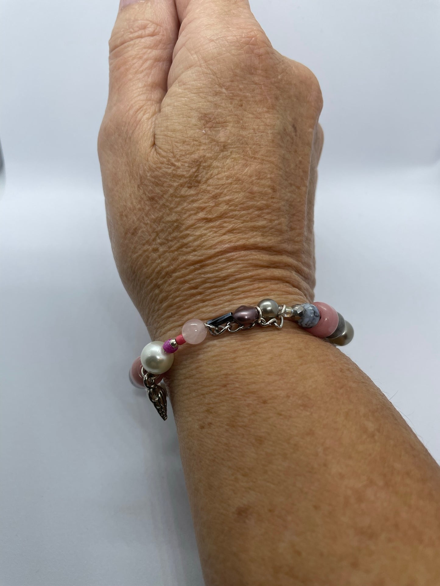 Wire with pink & grey bead bracelet
