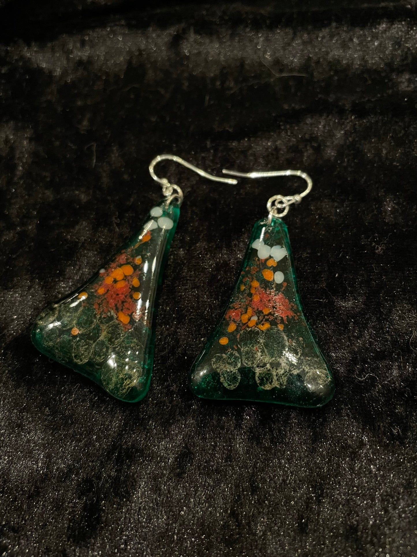 Fused green, orange & white glass triangle earrings