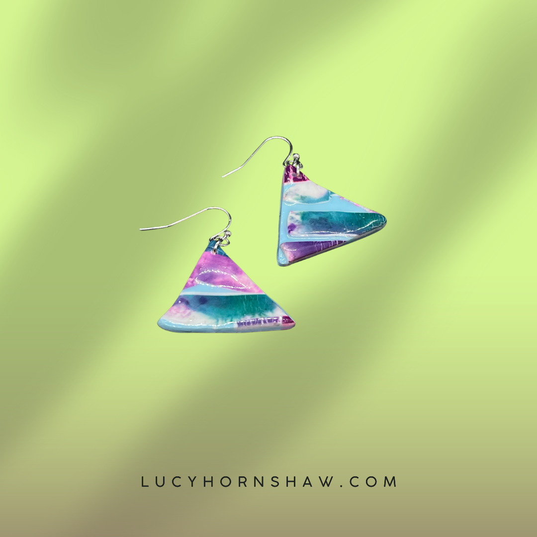 Pink & blue metallic ink triangle Polymer clay earrings