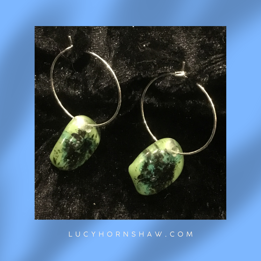 Fused green & dark green glass oblong earrings