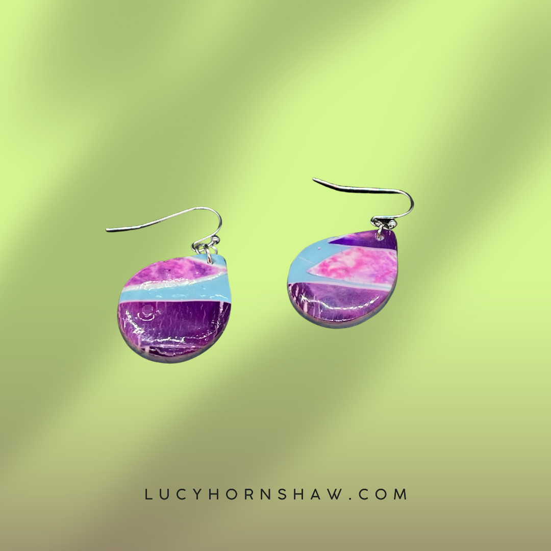 Pink & blue metallic ink teardrop Polymer clay earrings
