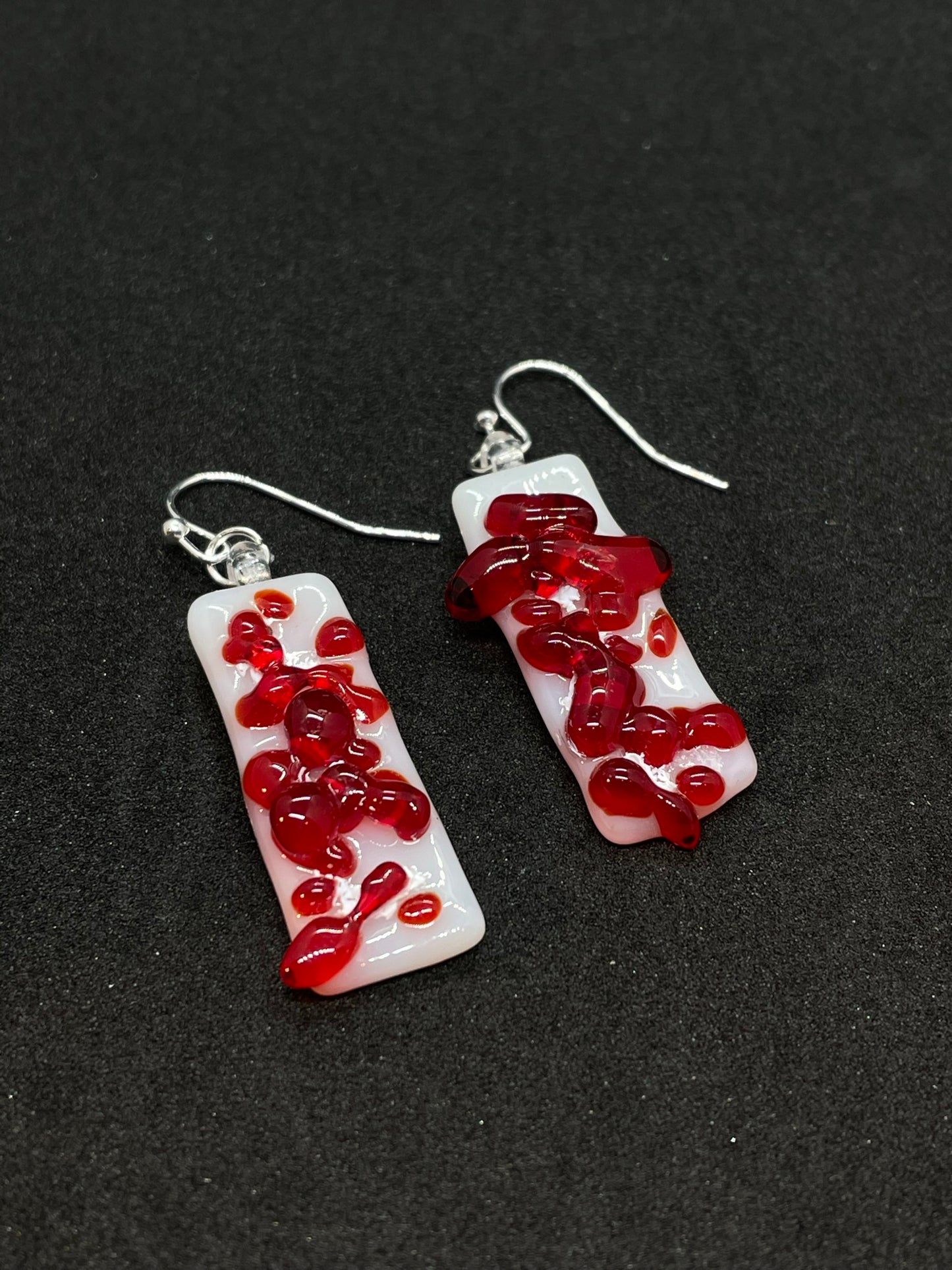 Fused red & white glass oblong earrings