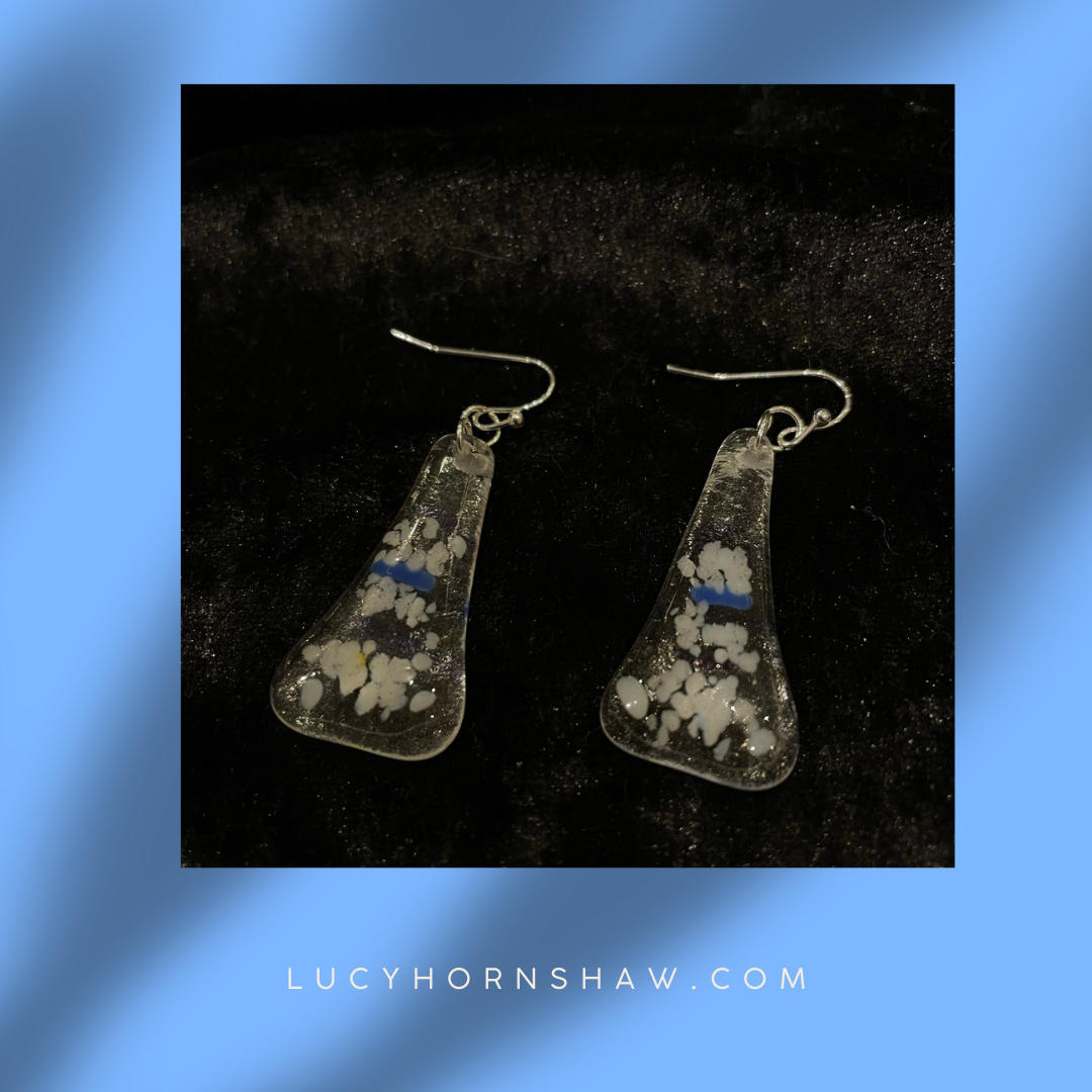 Fused clear & white glass triangle earrings