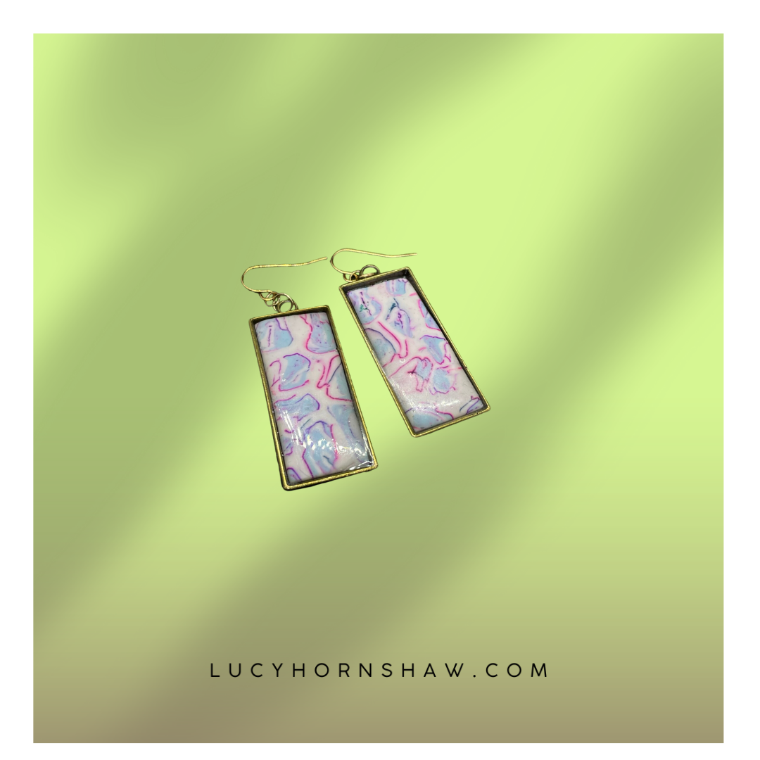 Pink & blue metallic ink oblong Polymer clay earrings