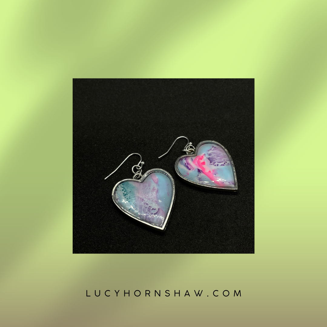 Pink & blue metallic ink heart Polymer clay earrings