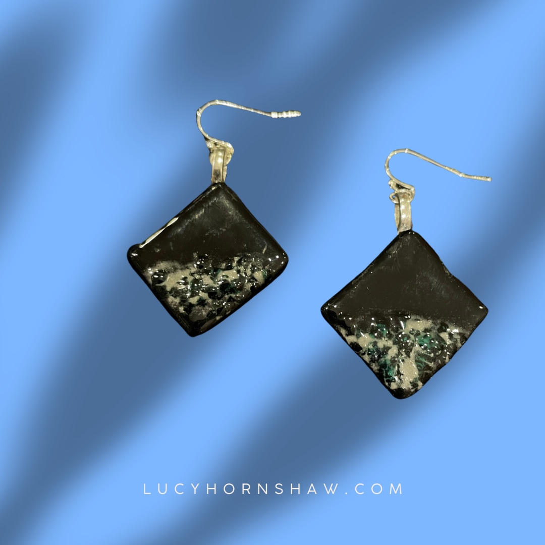 Rhombus shaped green and white fused glass earrings