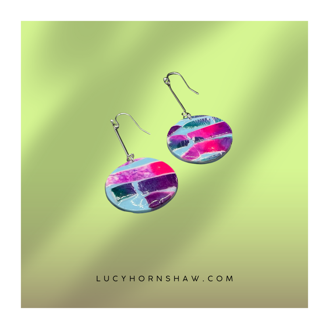 Pink & blue metallic ink disc Polymer clay earrings