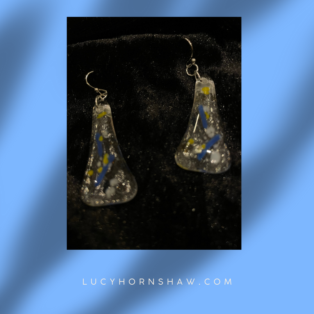 Fused clear, white & yellow glass triangle earrings
