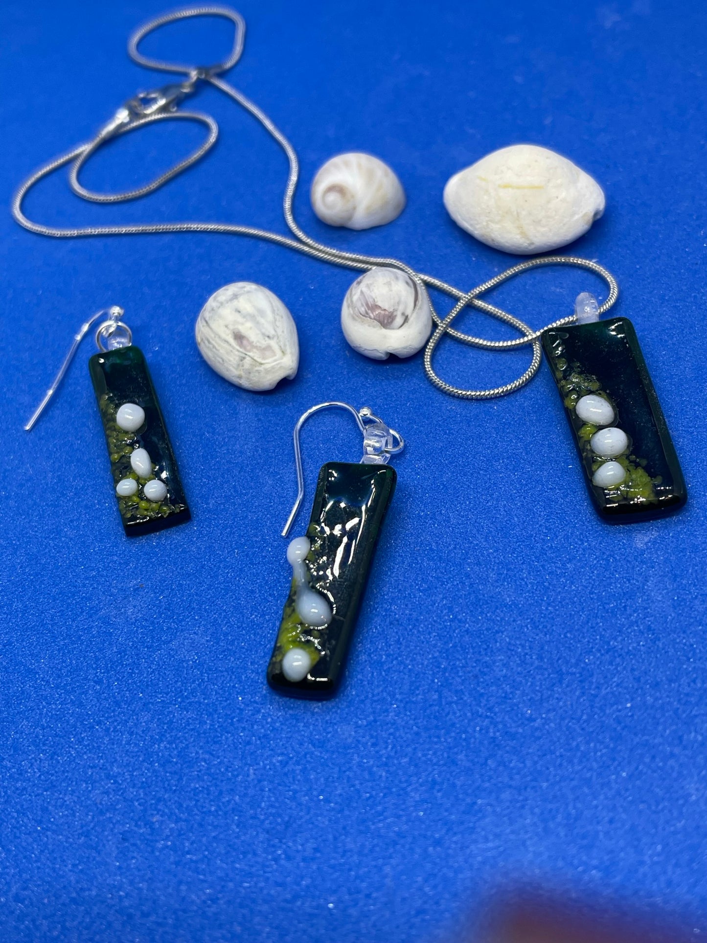 Fused green, lime and white glass oblong earrings