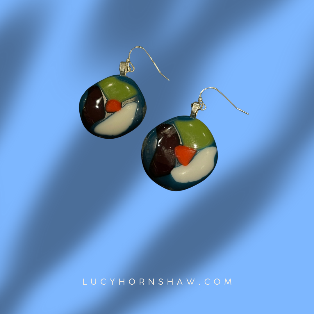 Fused orange, green, white & red glass rounded rhombus earrings