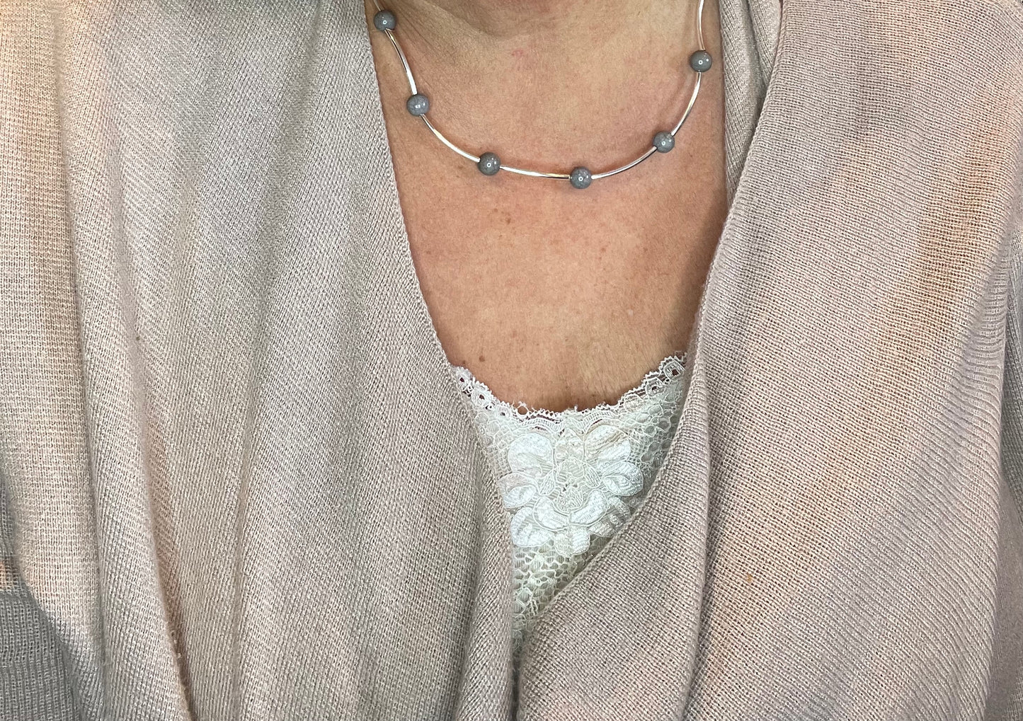 Wire & grey bead necklace
