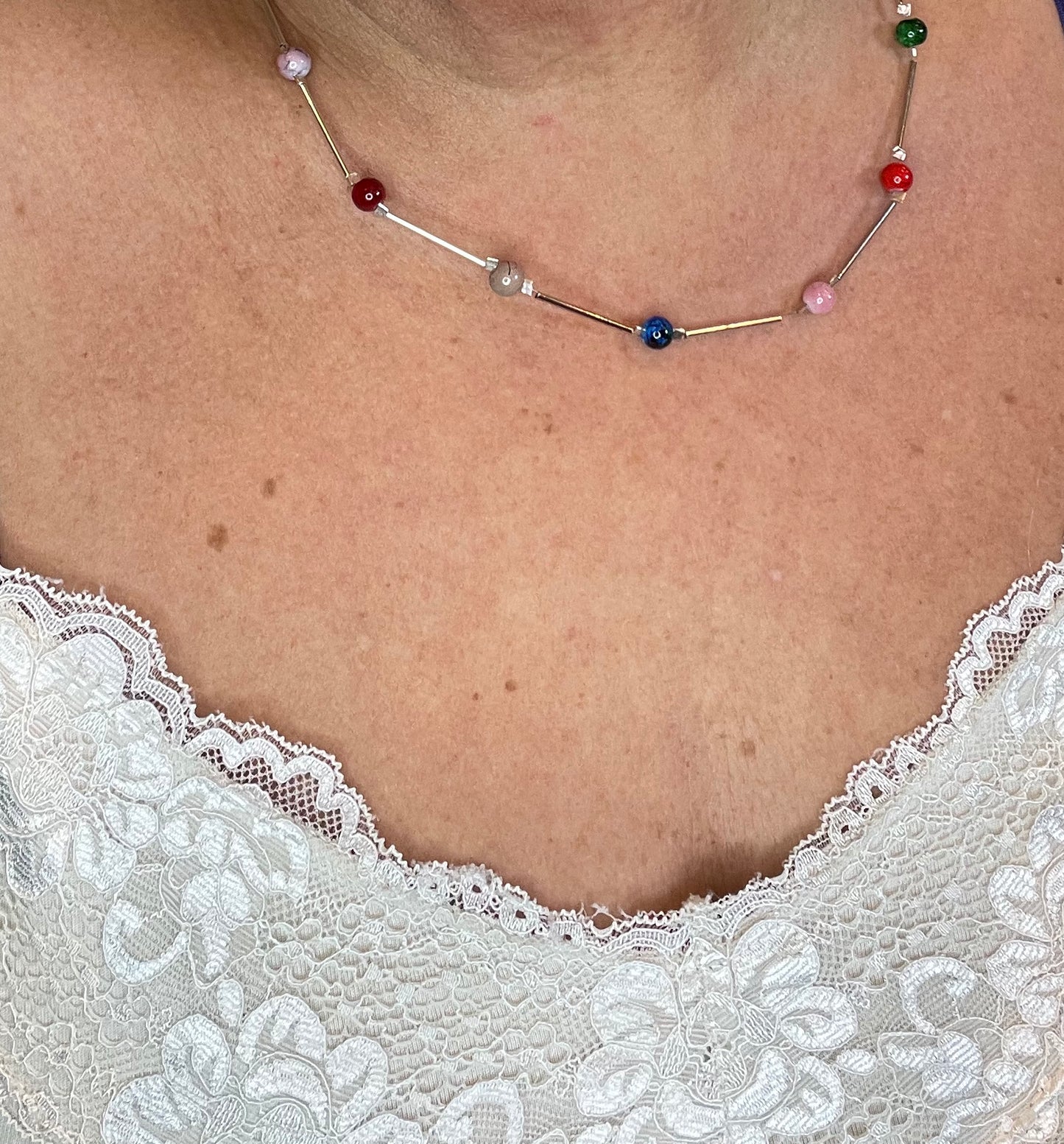 Wire & multi coloured bead bracelet - pink, blue orange