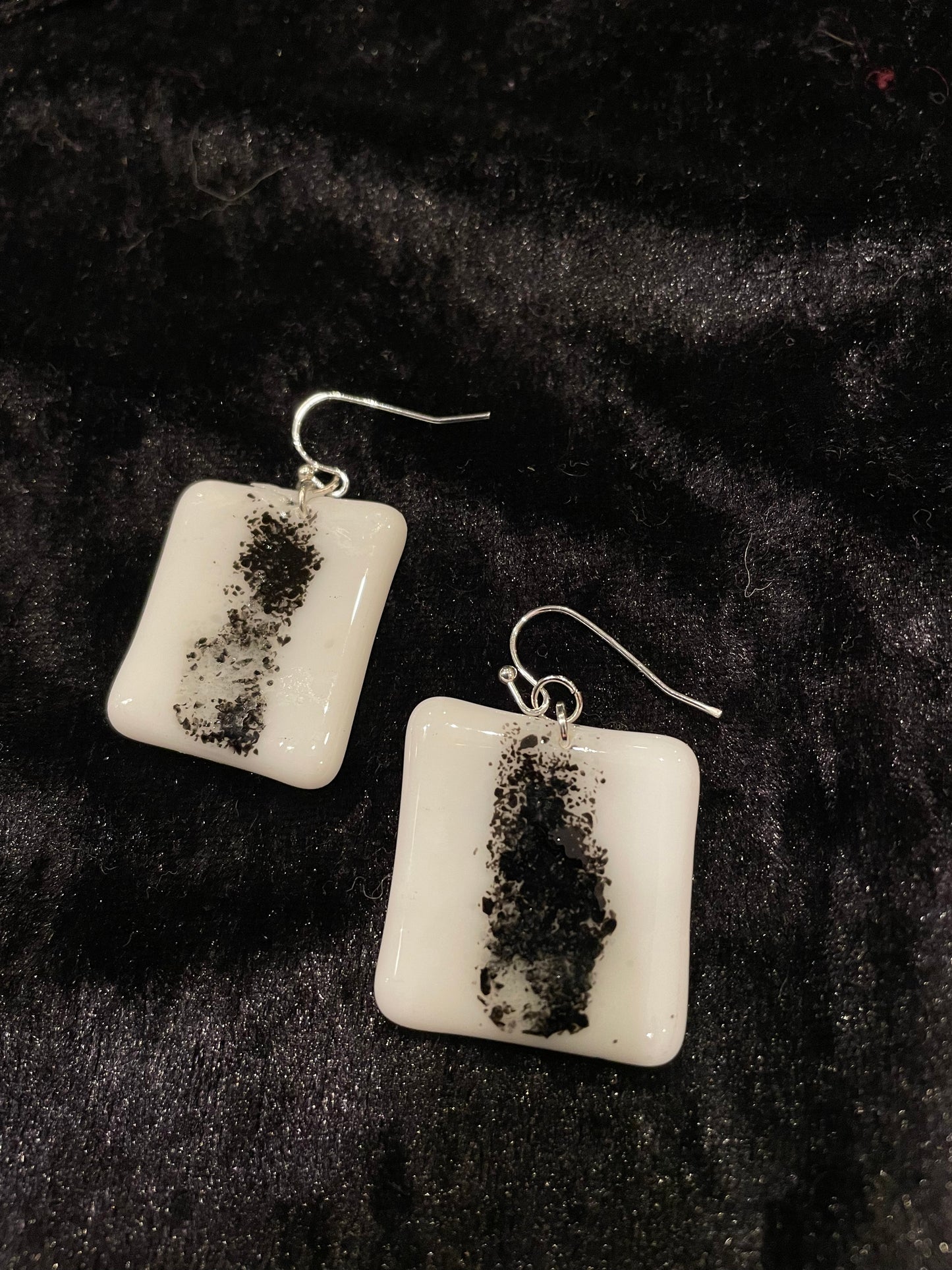 Fused white & black glass oblong earrings