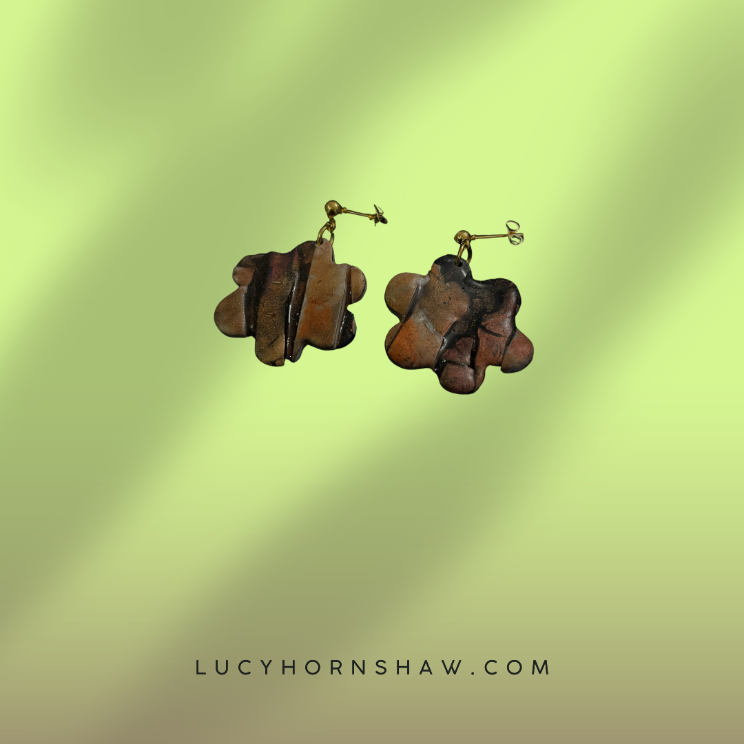 Brown & black metallic ink flower Polymer clay earrings