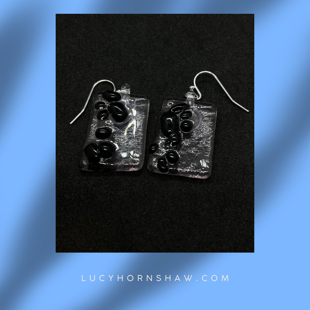 Fused clear & black glass oblong earrings