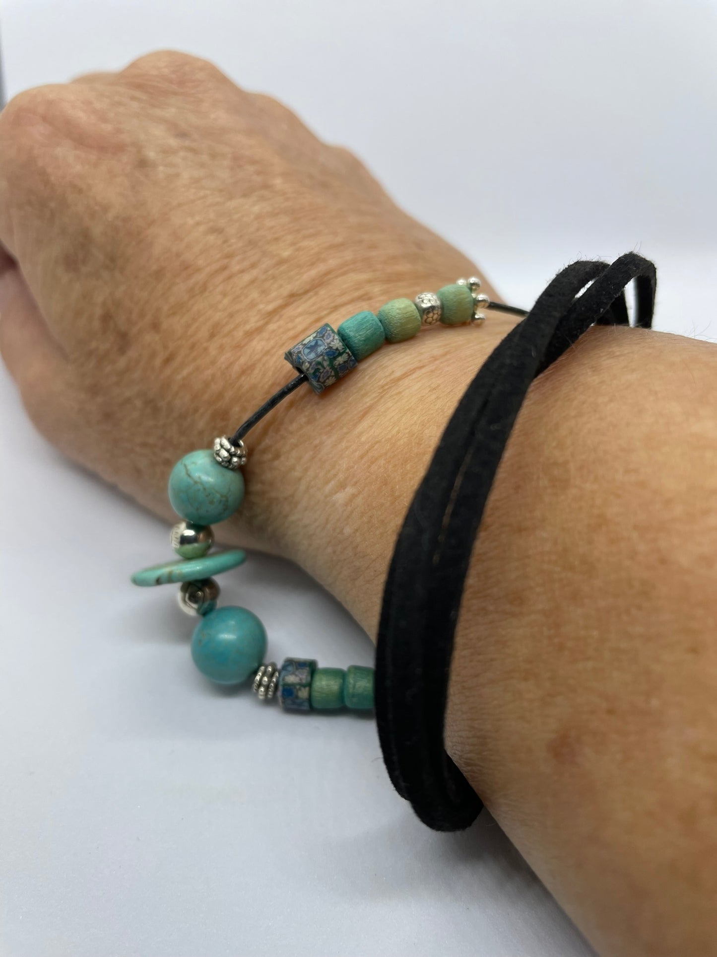 Leather & blue bead bracelet