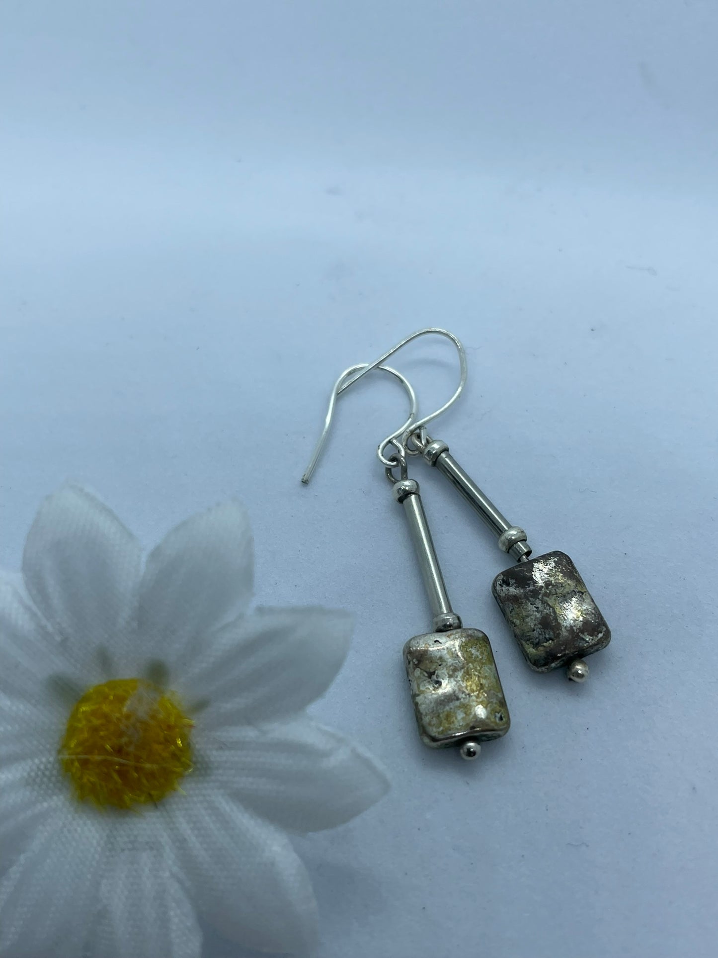 Wire with silver oblong drop earrings