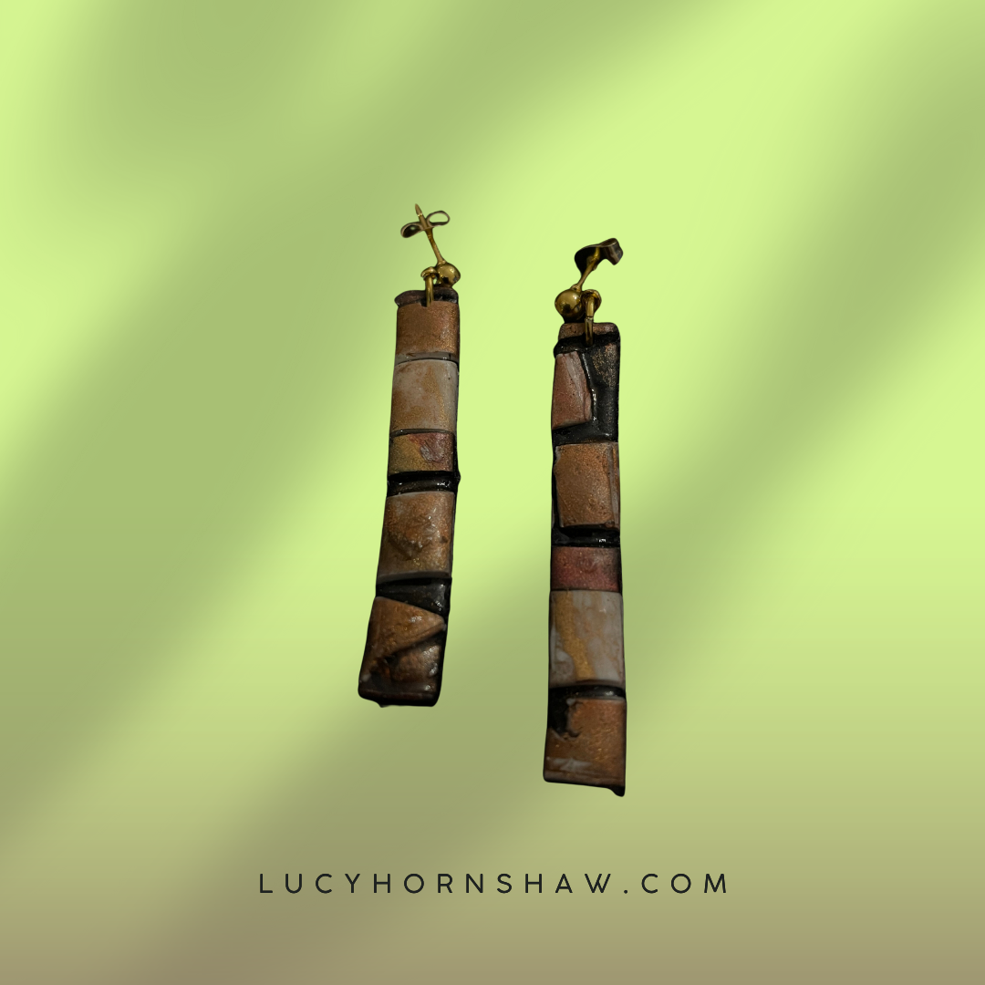 Brown & black metallic ink long bling Polymer clay earrings