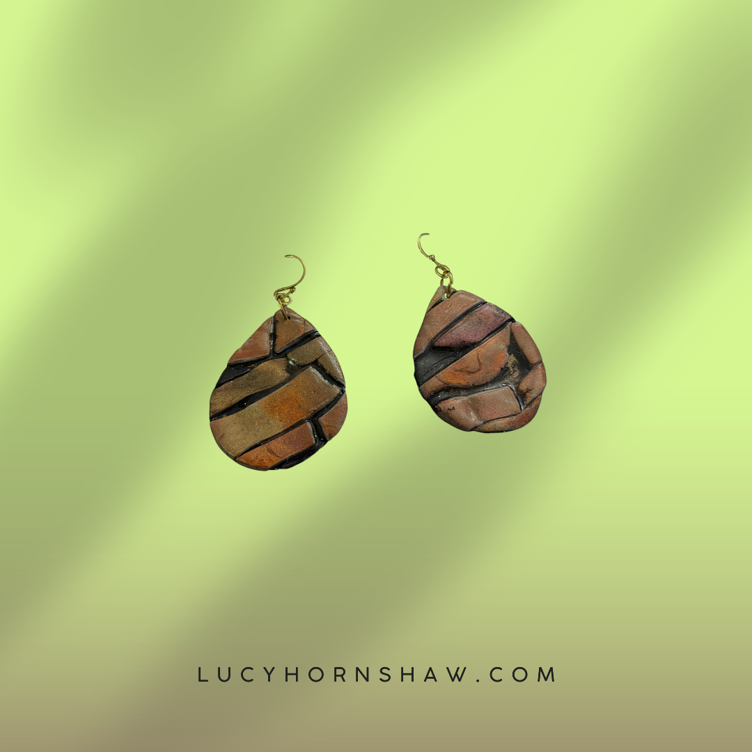 Brown & black metallic ink teardrop Polymer clay earrings