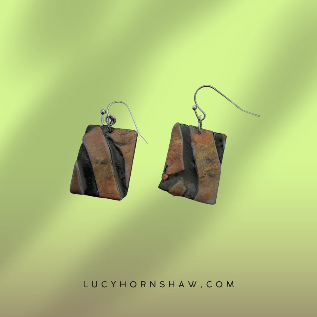 Brown & black metallic ink oblong Polymer clay earrings