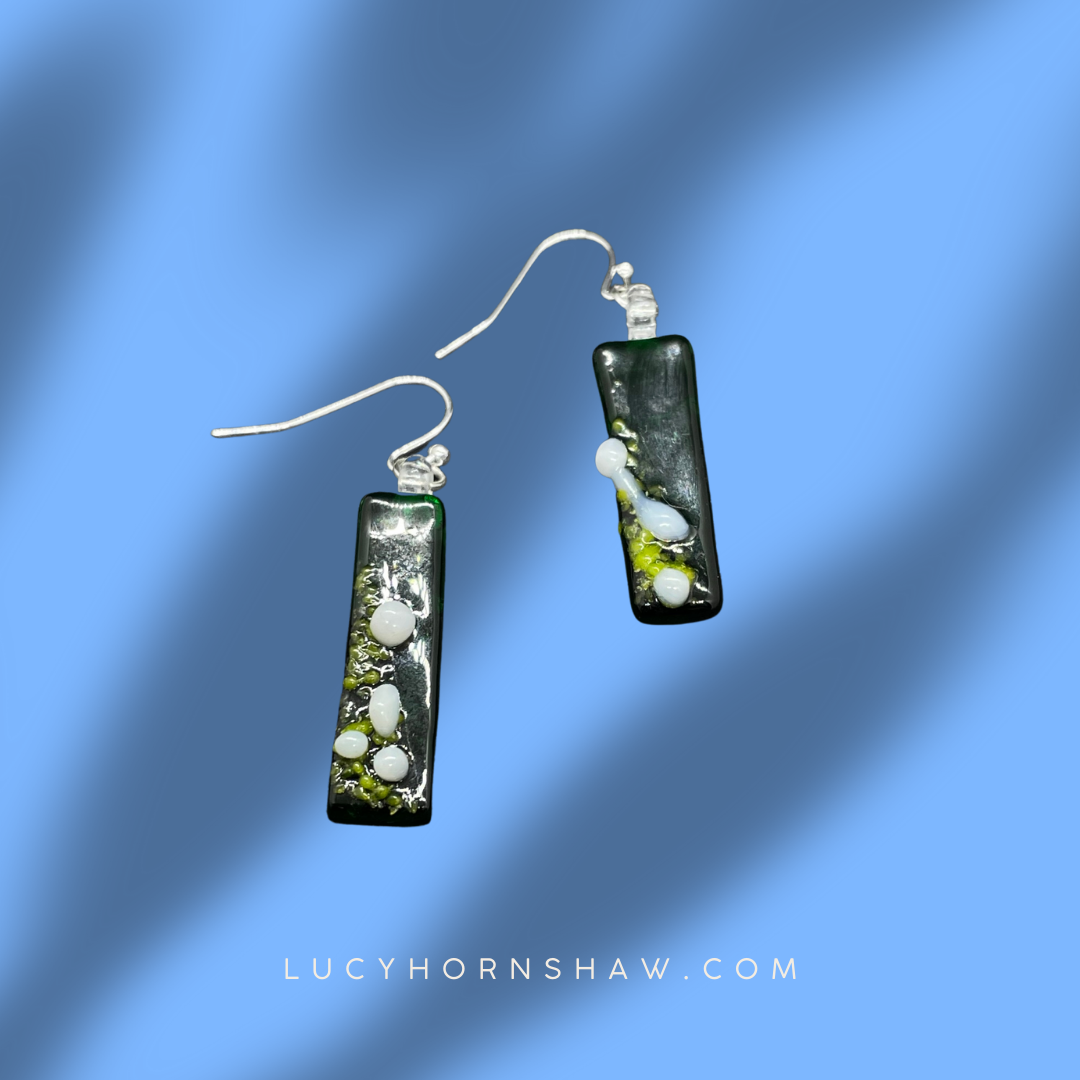 Fused green, lime and white glass oblong earrings