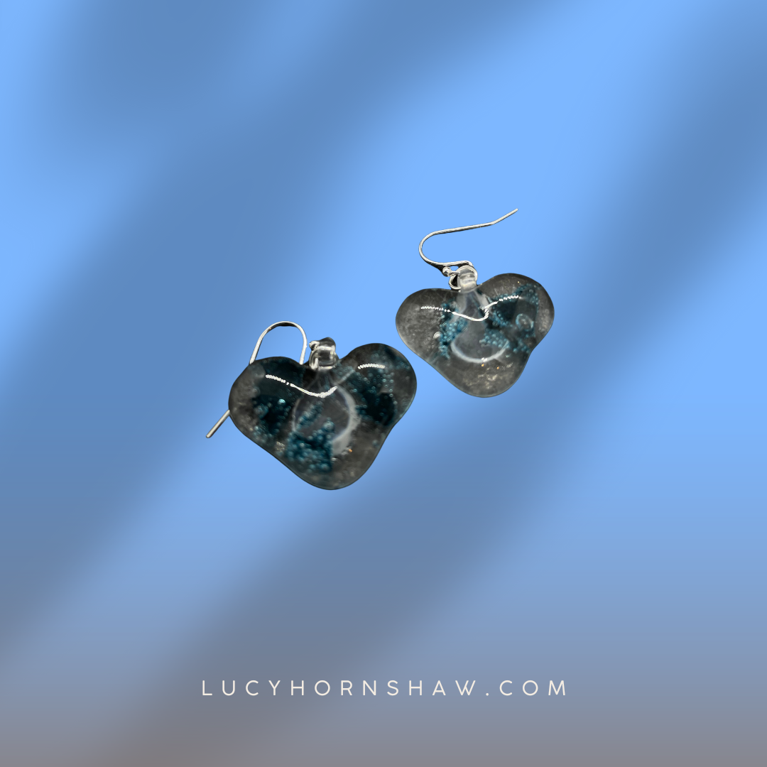 Fused clear and blue glass heart earrings