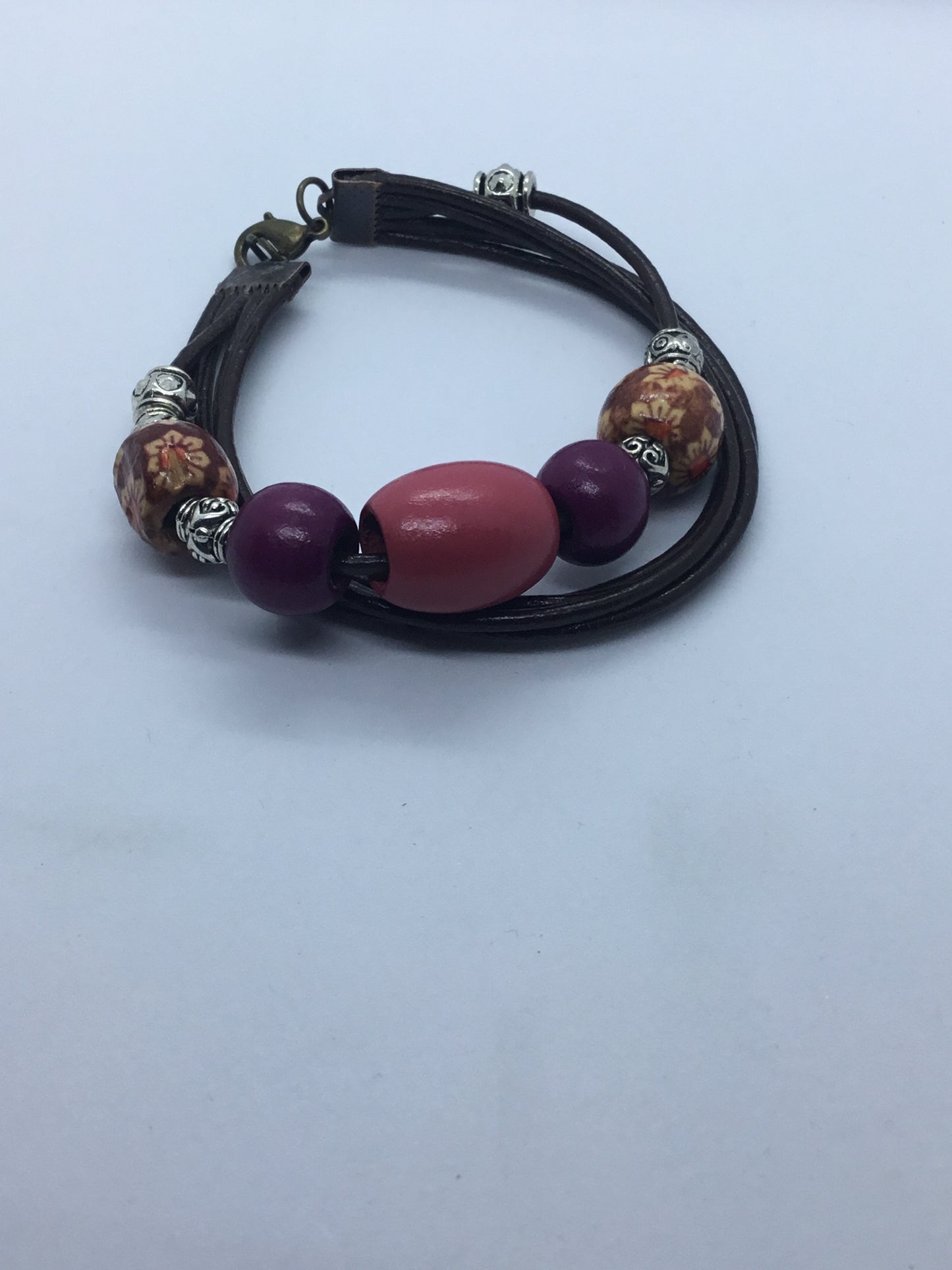Leather & pink bead bracelet