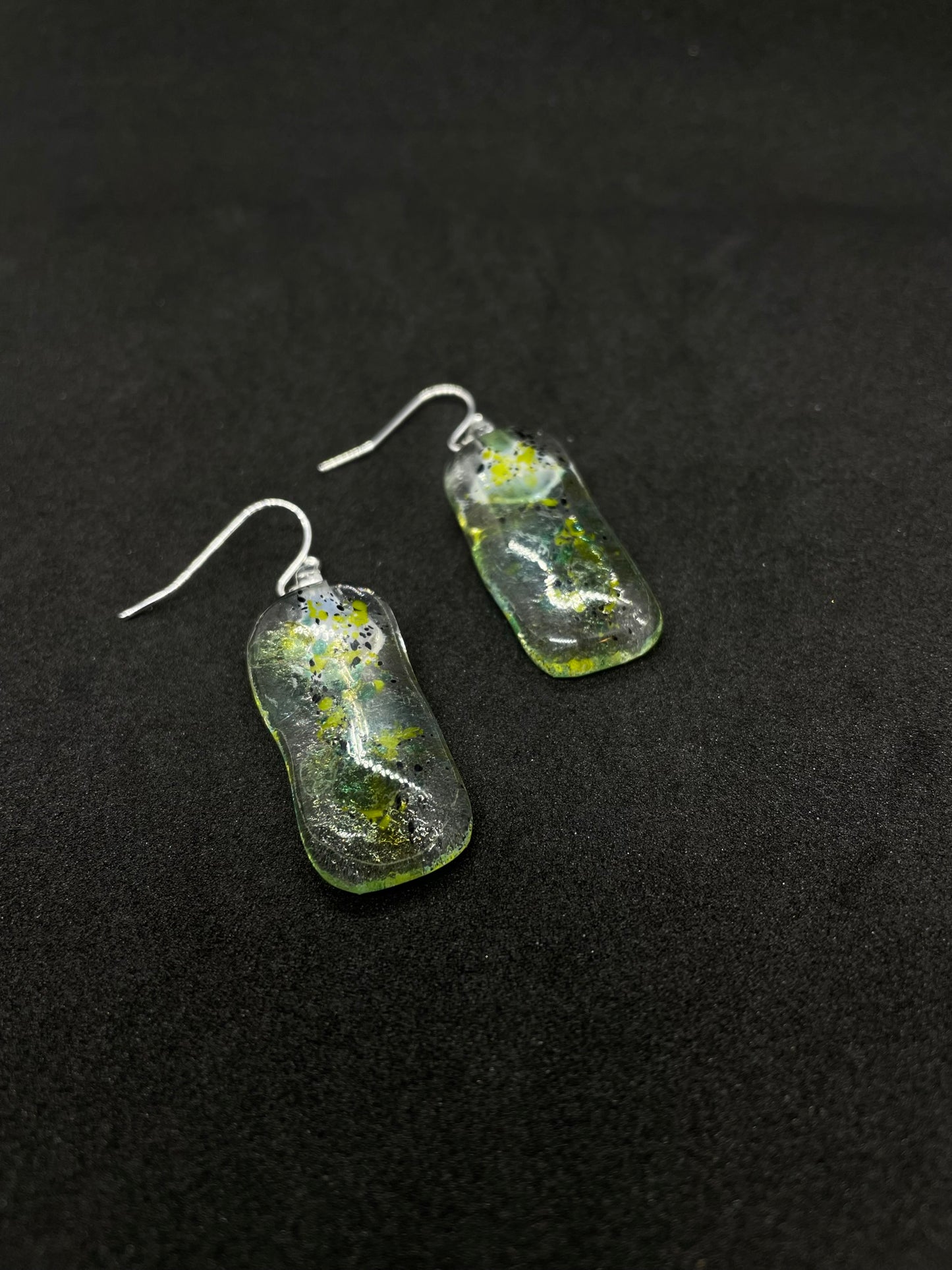 Fused clear and green glass oblong earrings