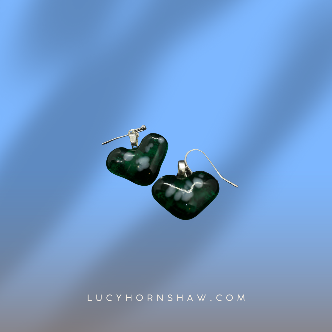 Fused green and white glass heart earrings