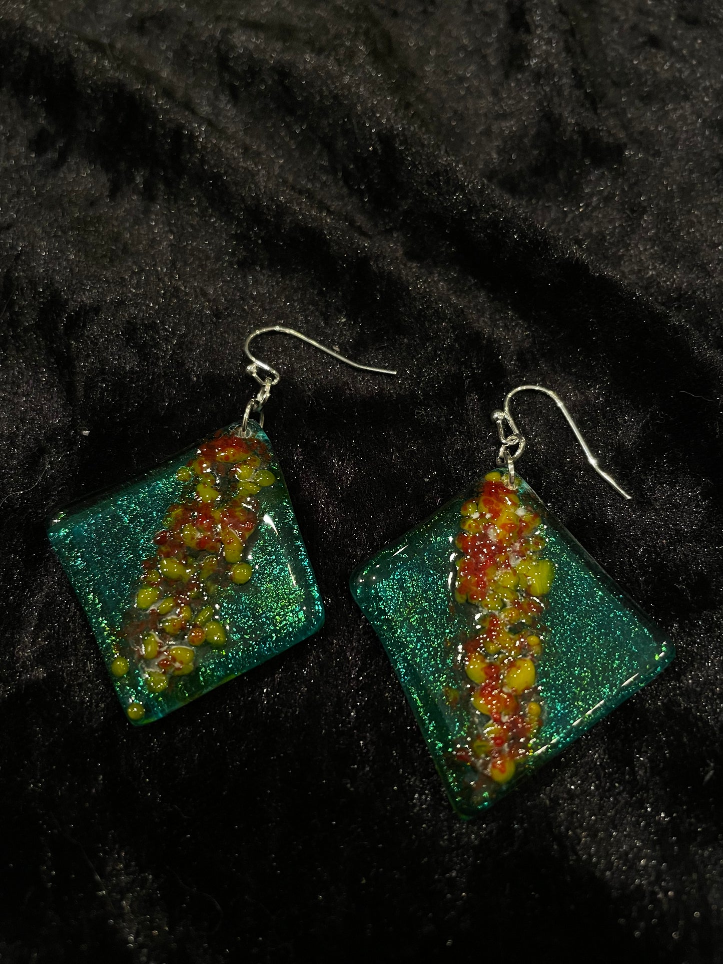 Fused green, yellow & orange glass rhombus earrings